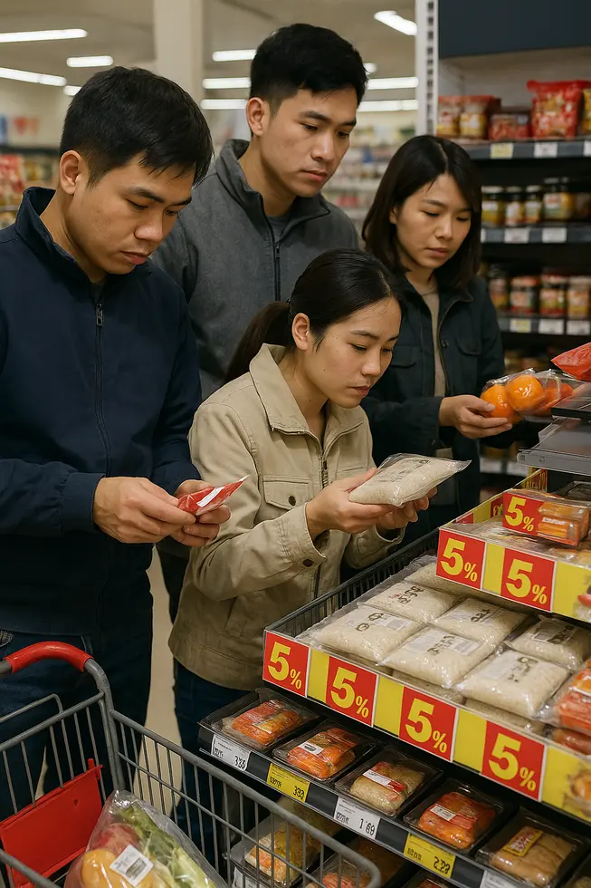 Cửa hàng bán gạo tại Nhật Bản với bảng giá hiện tại.