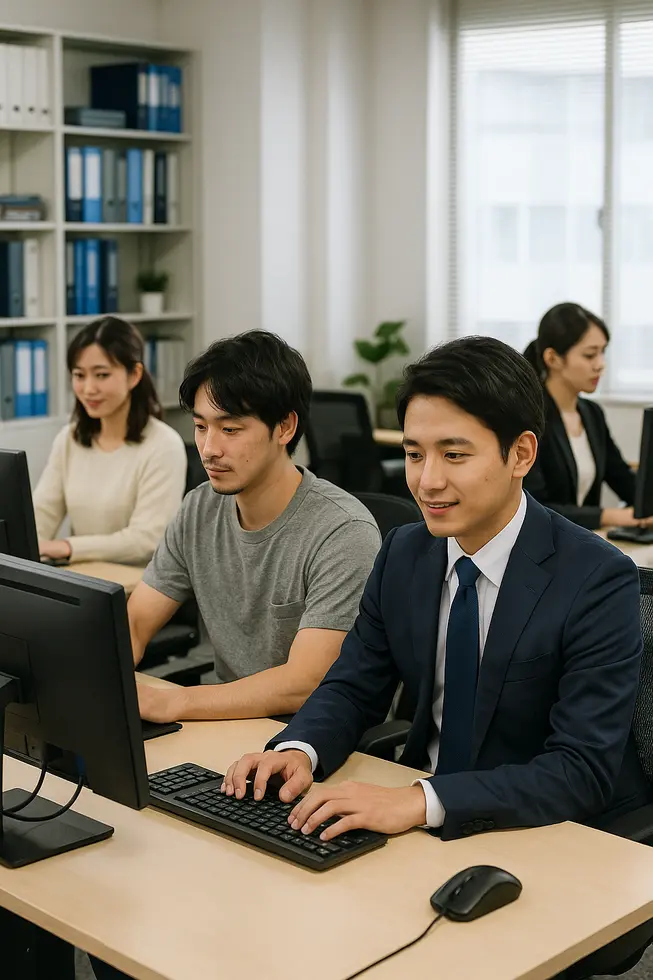 Nhân viên haken và seishain làm việc cùng nhau trong một văn phòng.
